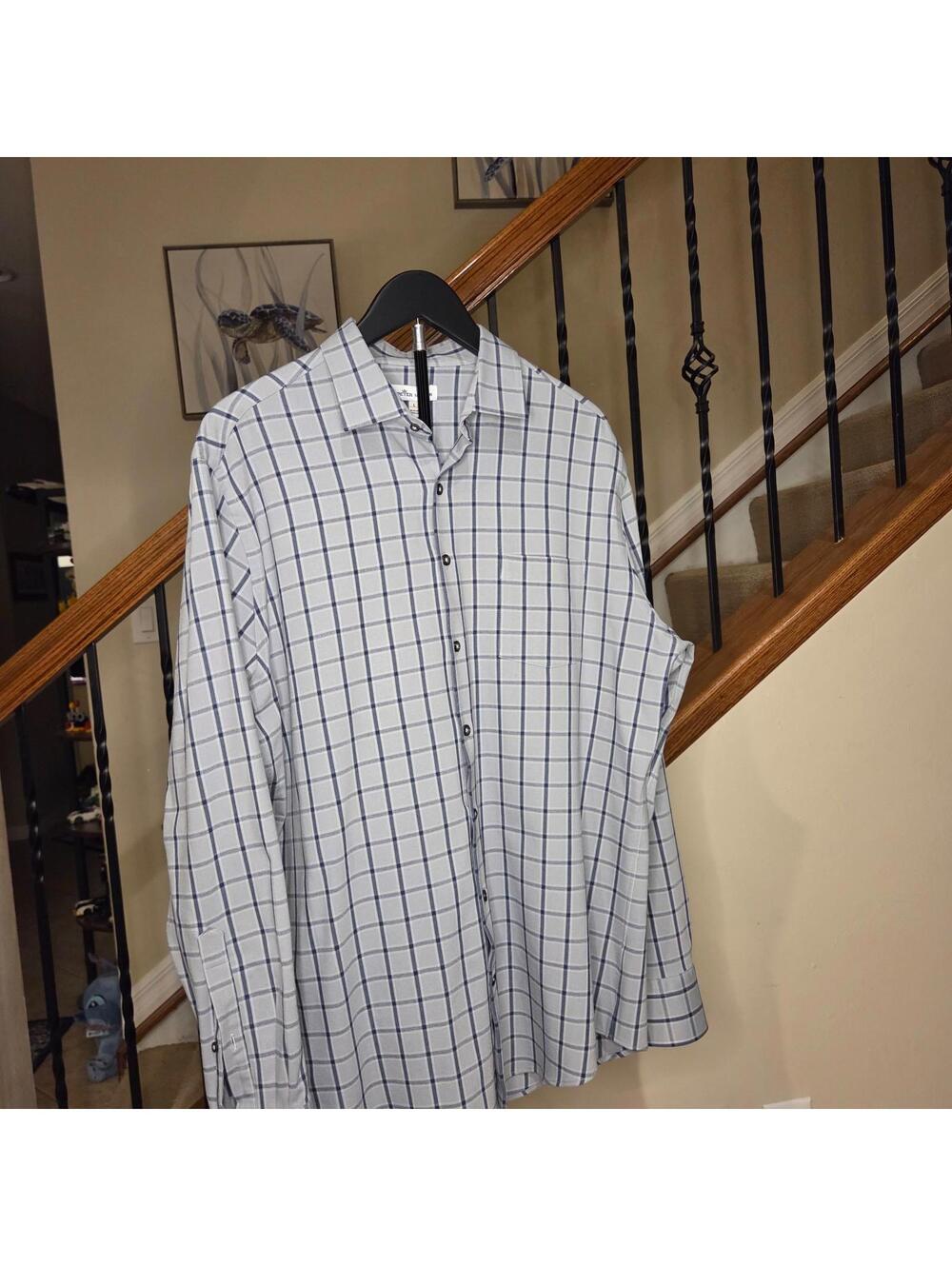 PETER MILLAR Men's Cotton Gray Plaid Long Sleeve Button Down Shirt Large